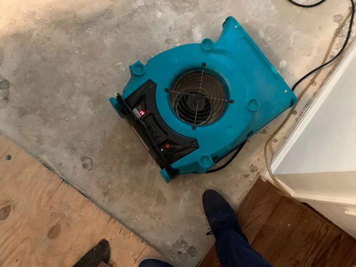 Air mover drying subfloor during Leak Detection & Repair in Alameda